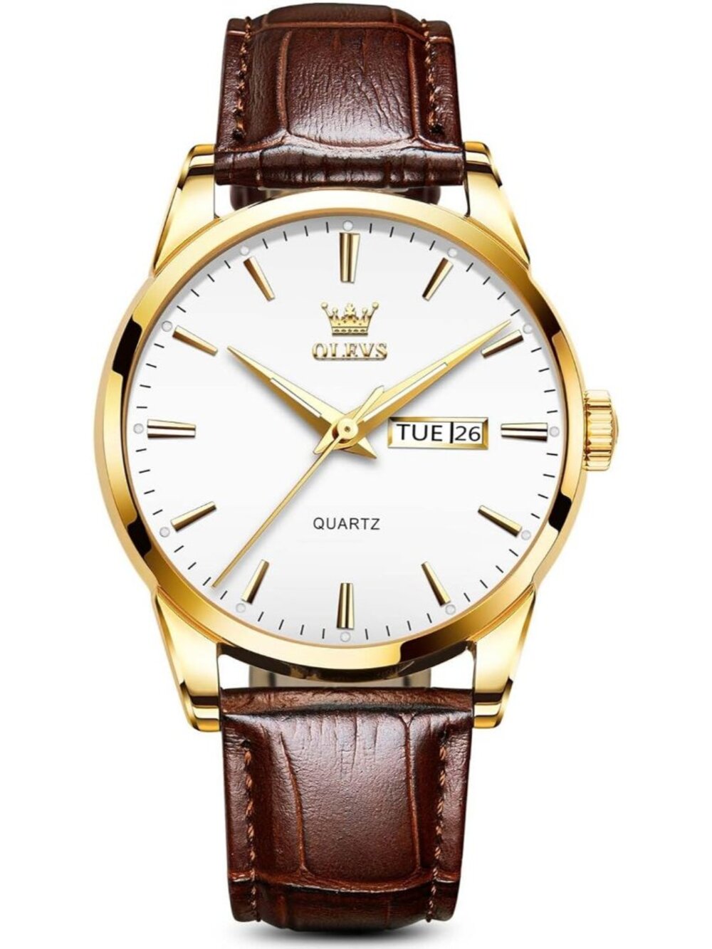 Men's White And Gold Quartz Leather Brown Buckle Waterproof Luminous Round Watch
